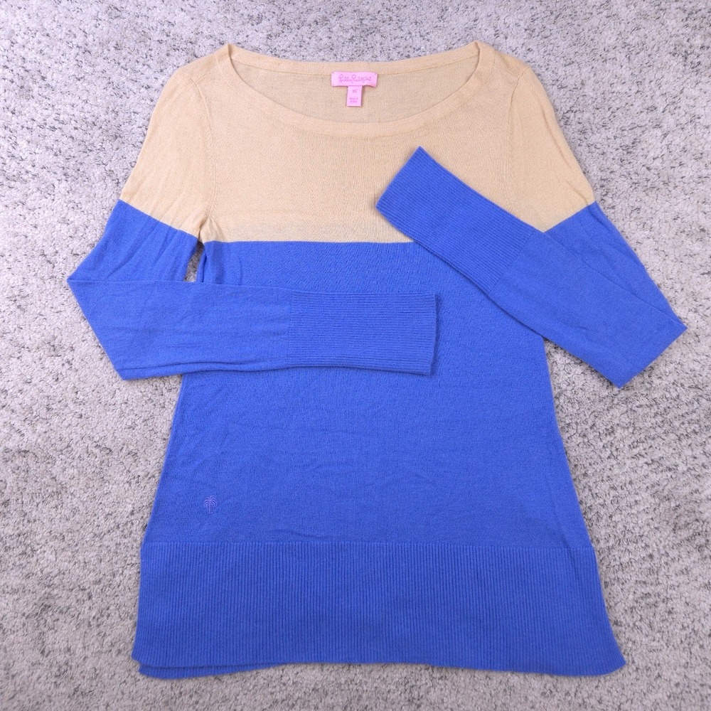 Lilly Pulitzer Sweater Womens XS Wool Blend Scoop Neck Blue Beige Pullover GUC